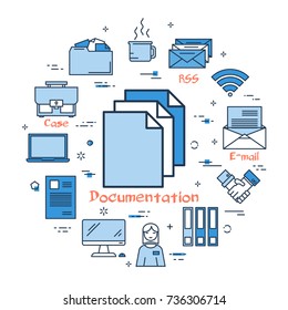 Vector linear blue round concept of Documentation. Three paper folder in the center. Line icons of various formats of files and office supplies