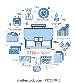 Vector linear blue round concept of Office Work. Business case in the center. Line icons of documentation, calendar, man, computer and teamwork