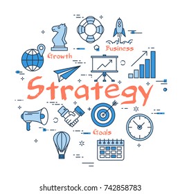 Vector linear blue round concept of strategy. Red text caption in the center. Business line icons of cooperation, teamwork, planning and start up project