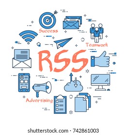 Vector linear blue round concept of Rich Site Summary. Advertising and successful RSS feed and outline icons of reward, like, teamwork
