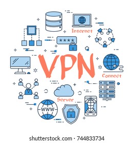 Vector linear blue round concept of Virtual Private Network. Red sign VPN and internet thin line icons, secure connection, transfer files and server data center