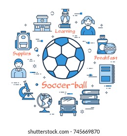 Vector linear blue round concept of Physical Education lesson. School Soccer Ball in the center and water, pupil, backpack, books, globe and microscope thin line icons