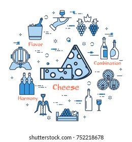 Vector linear blue round concept of Wine and Cheese. Thin line icons of wine making and storage. Modern web banner on white background