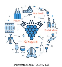 Vector linear blue round concept of Wine Grapes. Thin line icons of red and white grape varieties, waiter, cheese and storage . Modern web banner on white background