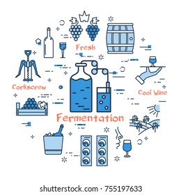 Vector linear blue round concept of Fermentation. Thin line icons of wine making, storage and bottles and glasses. Modern web banner on white background