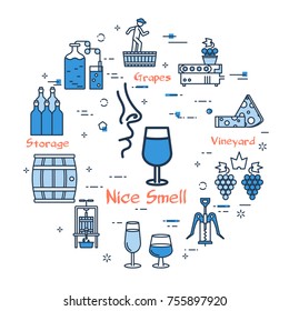 Vector linear blue round concept of Wine Nice Smell . Thin line icons of press, fermentation, bottles, glasses and barrel. Modern web banner on white background