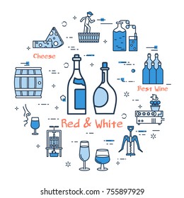 Vector linear blue round concept of Red and White Wine Bottles . Modern web banner on white background