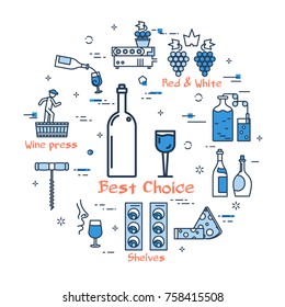 Vector linear blue round concept of wine bottle and glass. Thin line icons of production and storage of wine. Modern web banner on white background