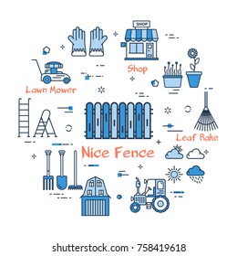 Vector linear blue round concept of Nice Garden Fence. Thin line icons of care of the garden plot. Modern web banner on white background