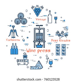 Vector linear blue round concept of Wine press. Thin line icons of process of producing good wine and storage. Modern web banner on white background