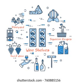 Vector linear blue round concept of vertical Wine Shelves. Thin line icons of process of producing good wine and storage. Modern web banner on white background