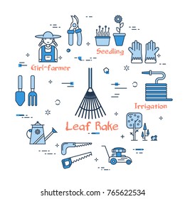 Vector linear blue round concept of Leaf Rake. Thin line icons of forks, scapula, ladder, bucket and hose. Modern web banner on white background