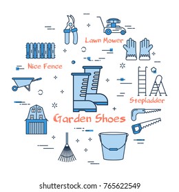 Vector linear blue round concept of Garden Shoes. Thin line icons of gardener tools and accessories. Modern web banner on white background