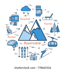 Vector linear blue round concept of Mountains. Line icons of winter outdoor recreation, skiing, ski lifts and mountain holidays