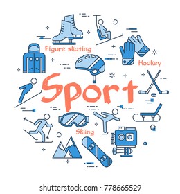 Vector linear blue round concept of Winter Sport. Line icons of hockey, snowboarding, figure skating, sledging and skiing