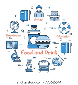 Vector linear blue round concept of Food and Drink school breakfast. Line icons of sandwich, bottle of water or drink for healthy pupils