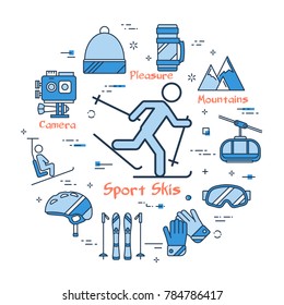 Vector linear blue round concept of Sport Skis - running man. Line icons of winter activity, gloves, action camera, hat, mountain and forest
