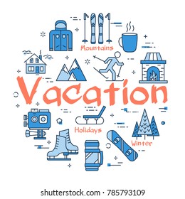 Vector linear blue round concept of Winter Vacation. Line icons of sport activity, rest with family, camera, clothing and mountain