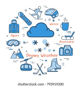 Vector linear blue round concept of Winter Snowy Weather. Line icons of winter outdoor recreation, skiing, ski lifts and mountain holidays