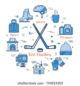 Vector linear blue round concept of Winter Ice Hockey. Line icons of winter outdoor recreation, skiing, ski lifts and mountain holidays