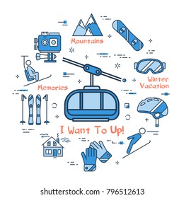 Vector linear blue round concept of Winter Mountain Lift. Line icons of winter outdoor recreation, skiing, ski lifts, mountain holidays and equipment