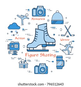 Vector linear blue round concept of Figure Skating. Line icons of winter outdoor recreation, skiing, hockey and mountain holidays
