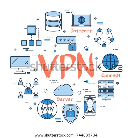 Vector linear blue round concept of Virtual Private Network. Red sign VPN and internet thin line icons, secure connection, transfer files and server data center