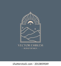 Vector linear boho emblem with abstract mountain landscape in moroccan window.Travel logo with mountains or desert dunes;moon and stars.Modern bohemian icon or symbol in oriental style.Branding design