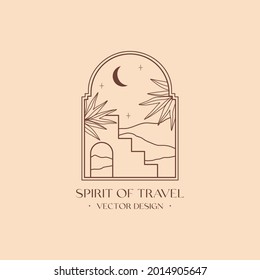 Vector linear boho emblem with abstract mountain landscape.Travel logo with mountains or desert dunes;moroccan stairs,palm tree,moon,stars.Modern bohemian icon or symbol in oriental style.