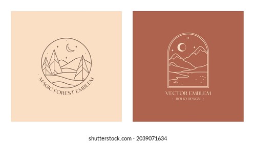 Vector Linear Boho Emblem With Abstract Winter Forest And Snowcapped Mountain Landscapes.Travel Logo With Firs,snow Hills,sea Or Lake,moon And Stars.Modern Hike,camp Or Ski Resort Label.