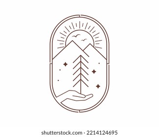 Vector linear boho emblem with abstract soft hand and mountain landscape. Casual travel logo or with sun mountain, and sunshine. Modern bohemian icon or symbol in minimal style. Brand design template.