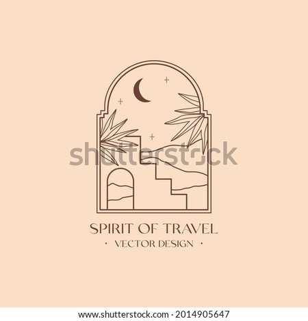 Vector linear boho emblem with abstract mountain landscape.Travel logo with mountains or desert dunes;moroccan stairs,palm tree,moon,stars.Modern bohemian icon or symbol in oriental style.