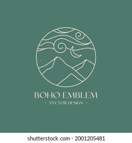 Vector linear boho emblem. Bohemian logo design with cloudy starry sky,mountains and moon.Modern celestial icon or symbol in trendy minimalist style.Branding design template.