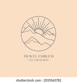 Vector linear boho emblem with snowcapped mountain landscape.Travel logo with snowy mountains;sun and sunburst.Modern hiking or camping label concept in trendy minimal style.Branding design template.