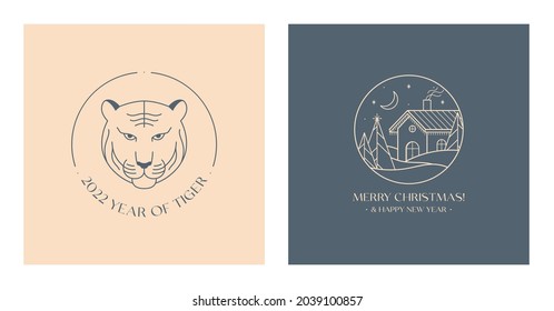 Vector linear boho emblem with winter forest landscape, house and tiger.Xmas and New Year festive logos with house,firs,snow hills,moon,stars and tiger symbol.2022 Holiday celebration labels.