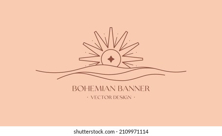 Vector linear boho emblem.Bohemian logo design with sea, sun and sunburst.Modern celestial icon or symbol in trendy minimalist style.Branding design,website banner template.
