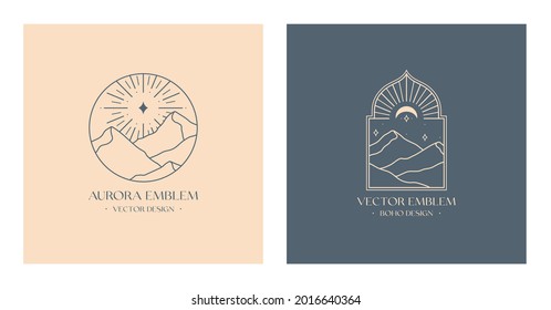 Vector linear boho emblems with abstract mountain landscapes.Travel logos with mountains or desert dunes;aurora lights,moon and stars.Modern bohemian icons or symbols in oriental style.Branding design