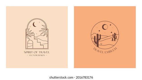 Vector linear boho emblems with abstract mountain landscapes.Travel logos with mountains or desert dunes;moroccan stairs,cacti,palm tree,moon,stars.Modern trevel labels in minimalist style.