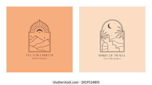Vector linear boho emblems with abstract mountain landscapes in moroccan window.Travel logos with mountains or desert dunes;moon and stars.Modern bohemian icon or symbol in oriental style.