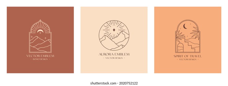 Vector linear boho emblems with abstract mountain landscapes.Travel logos with mountains or desert dunes;aurora lights,moon and stars.Modern bohemian icons or symbols in oriental style.Branding design