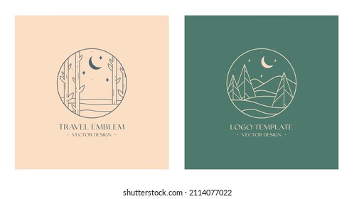 Vector linear boho emblems with abstract forest and mountains landscape.Travel logos with trees,spruces,mountains or snow hills,moon and stars.Modern hiking or camping labels in trendy minimal style.