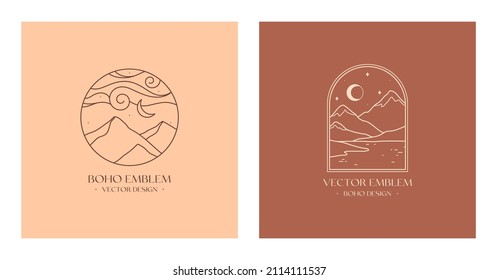 Vector Linear Boho Emblems With Abstract Snowcapped Mountain Landscapes And Night Sky.Travel Logo With Mountains,snow Hills,sea Or Lake,moon And Stars.Modern Hike,camp Or Ski Resort Label.