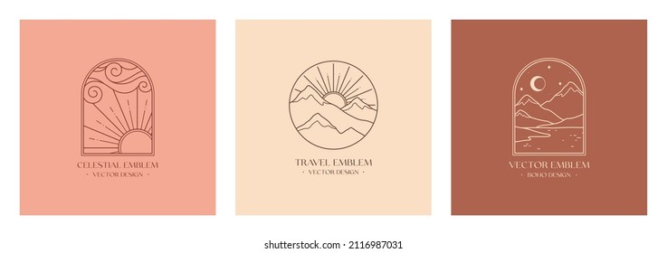 Vector linear boho emblems with abstract snowcapped mountain landscapes and cloudy sky.Travel logos with mountains,sun and sunburst,sky,sea or lake,moon and stars.Modern hike,camp or ski resort labels