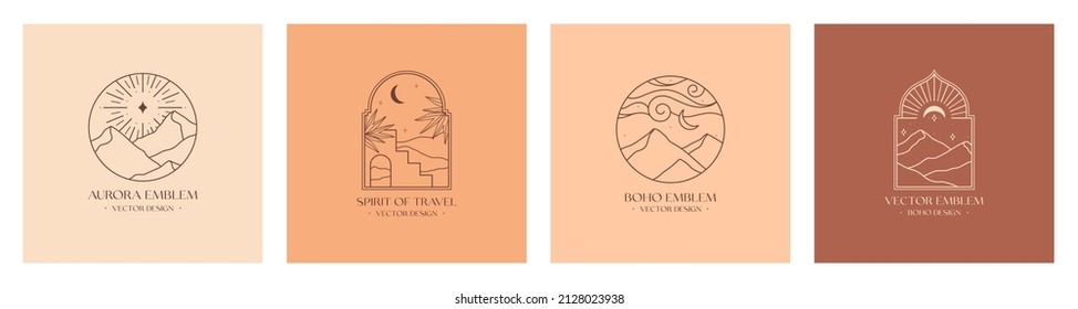 Vector linear boho emblems with abstract mountain landscapes.Travel logos with mountains or desert dunes;aurora lights,moon and stars.Modern bohemian icons or symbols in oriental style.Branding design
