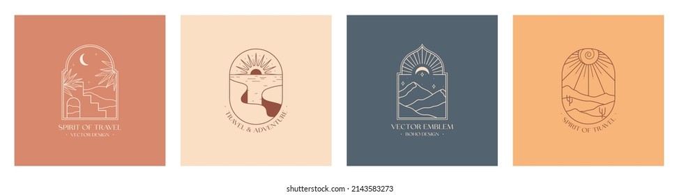 Vector linear boho emblems with abstract mountain landscapes.Travel logos with mountains or desert dunes;cliffed coast,sun,crescent moon,stars and sunburst.Modern travel icons or symbols.