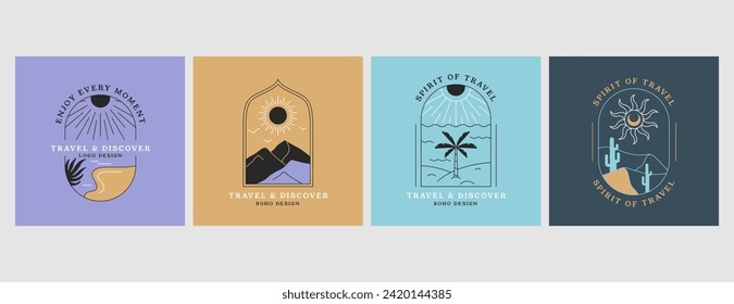 Los emblemas del boho lineal vectorial con el paisaje montañoso abstracto. Logotipos de viaje con dunas de arena desérticas, río, playa de mar con palmera, sol, cactus, colinas. Iconos o insignias bohemias modernos para las vacaciones.