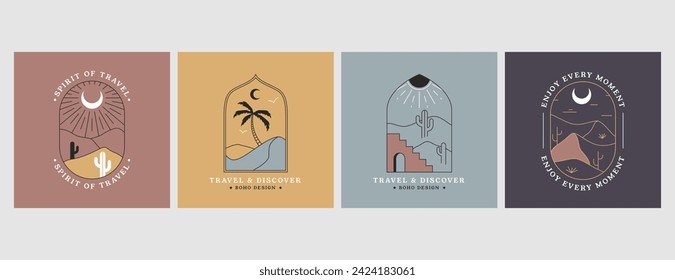 Vector linear boho emblems with abstract landscape. Travel logos with cactus, sandy desert, mountains, oasis, river, sea beach with palm tree, sun in bohemian style. Modern hiking or camping badges.