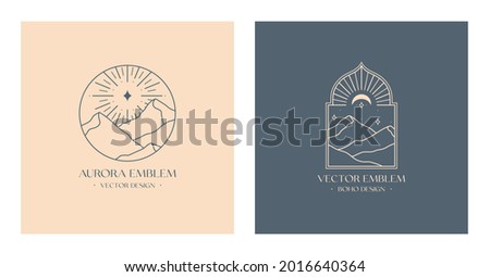 Vector linear boho emblems with abstract mountain landscapes.Travel logos with mountains or desert dunes;aurora lights,moon and stars.Modern bohemian icons or symbols in oriental style.Branding design