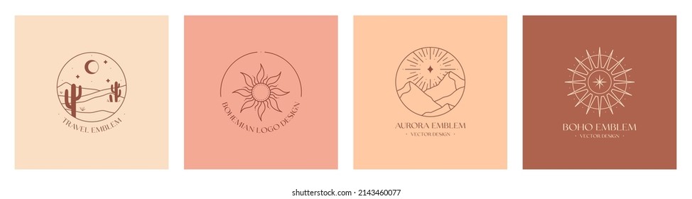Vector linear boho emblems with desert landscape,mountain range and celestial symbols.Travel logos with desert dunes;aurora lights,sun,stars;cacti,crescent moon,stars.Modern hiking or camping labels.