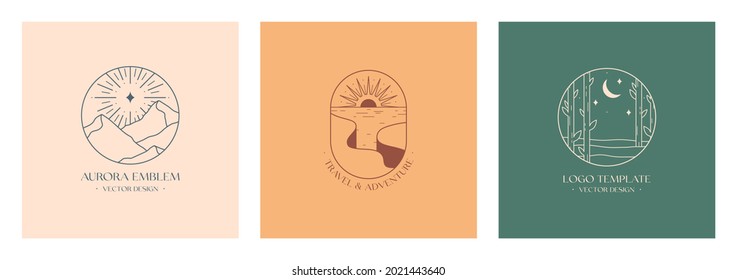 Vector linear boho emblems with forest,mountains landscape and cliffed coast.Travel logos with trees,aurora lights,sun,coast,moon and stars.Modern hiking or camping labels in trendy minimal style.